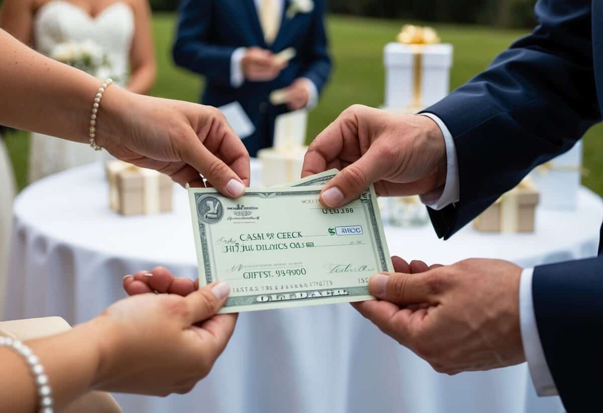 Guests exchanging cash or checks in a wedding card, a gift table in the background