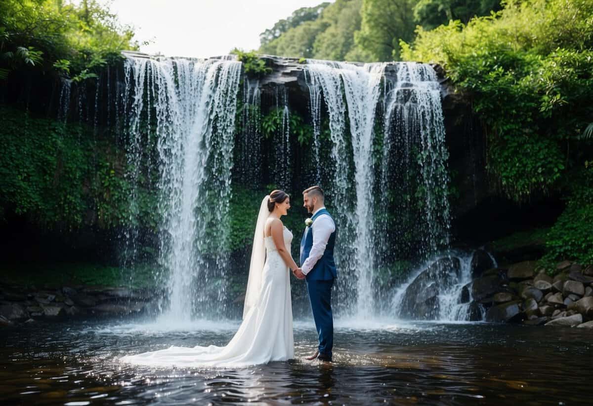 A bride and groom stand under a cascading waterfall, surrounded by lush greenery, as they perform a ritual of purification before their wedding ceremony