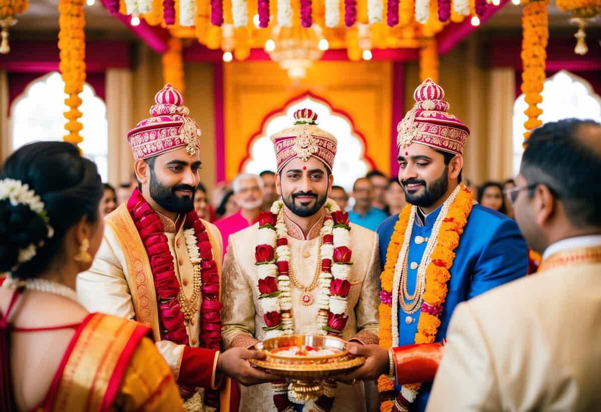 A traditional Hindu wedding ceremony with colorful decorations and intricate rituals