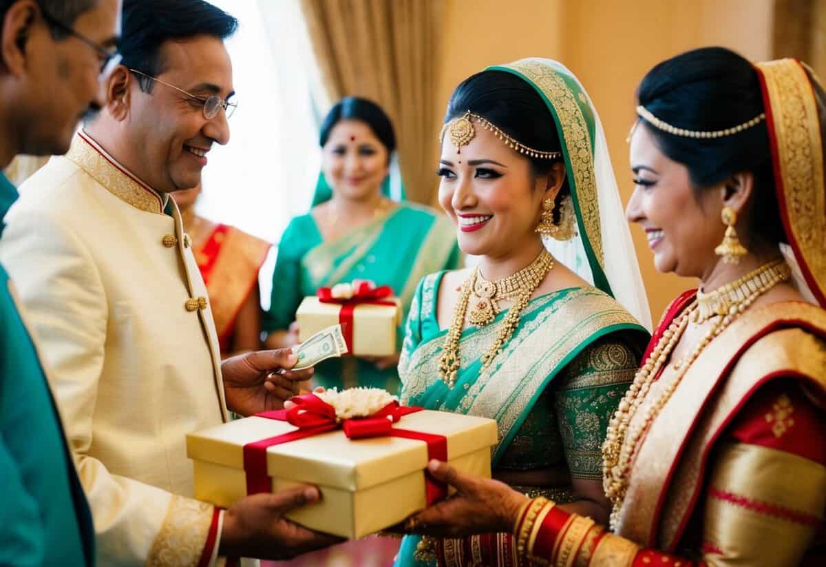 A traditional wedding scene with the bride's parents presenting financial gifts for wedding expenses