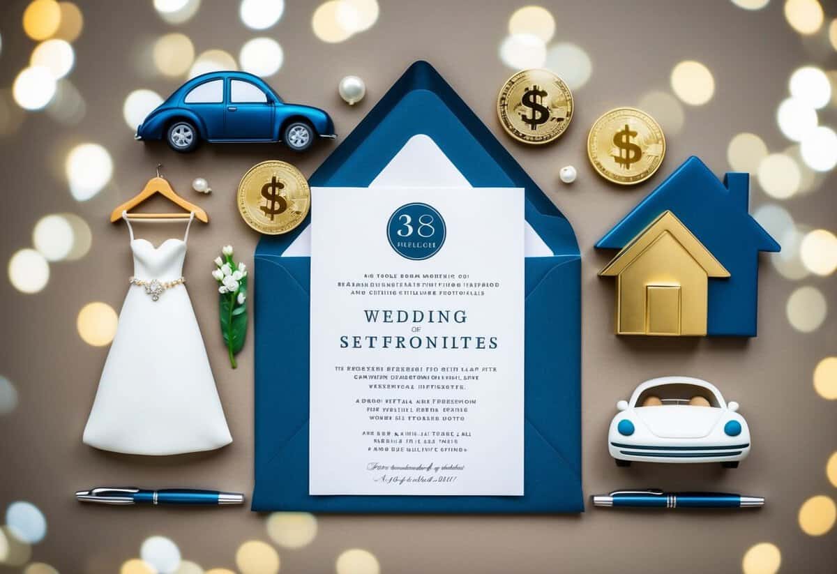 A wedding invitation surrounded by symbols of financial responsibilities such as a house, car, and wedding attire