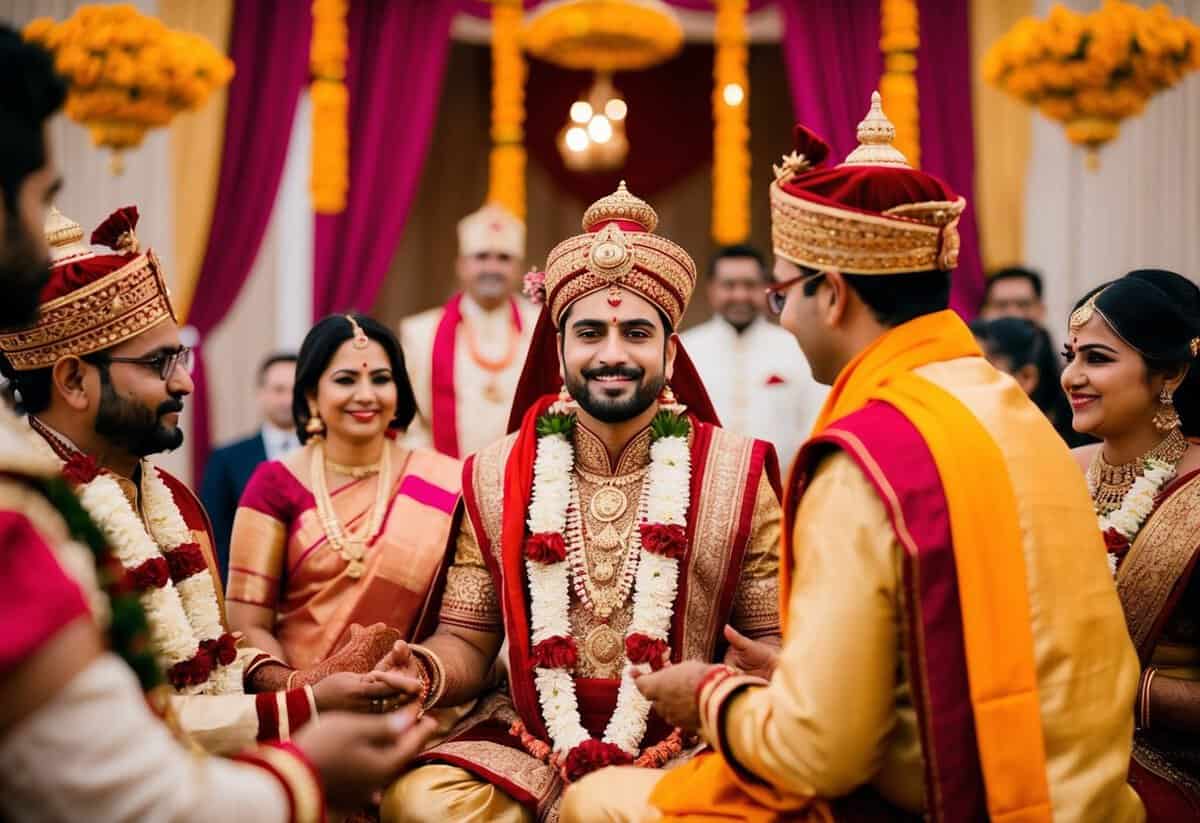 A traditional Hindu wedding ceremony with intricate rituals and vibrant decorations