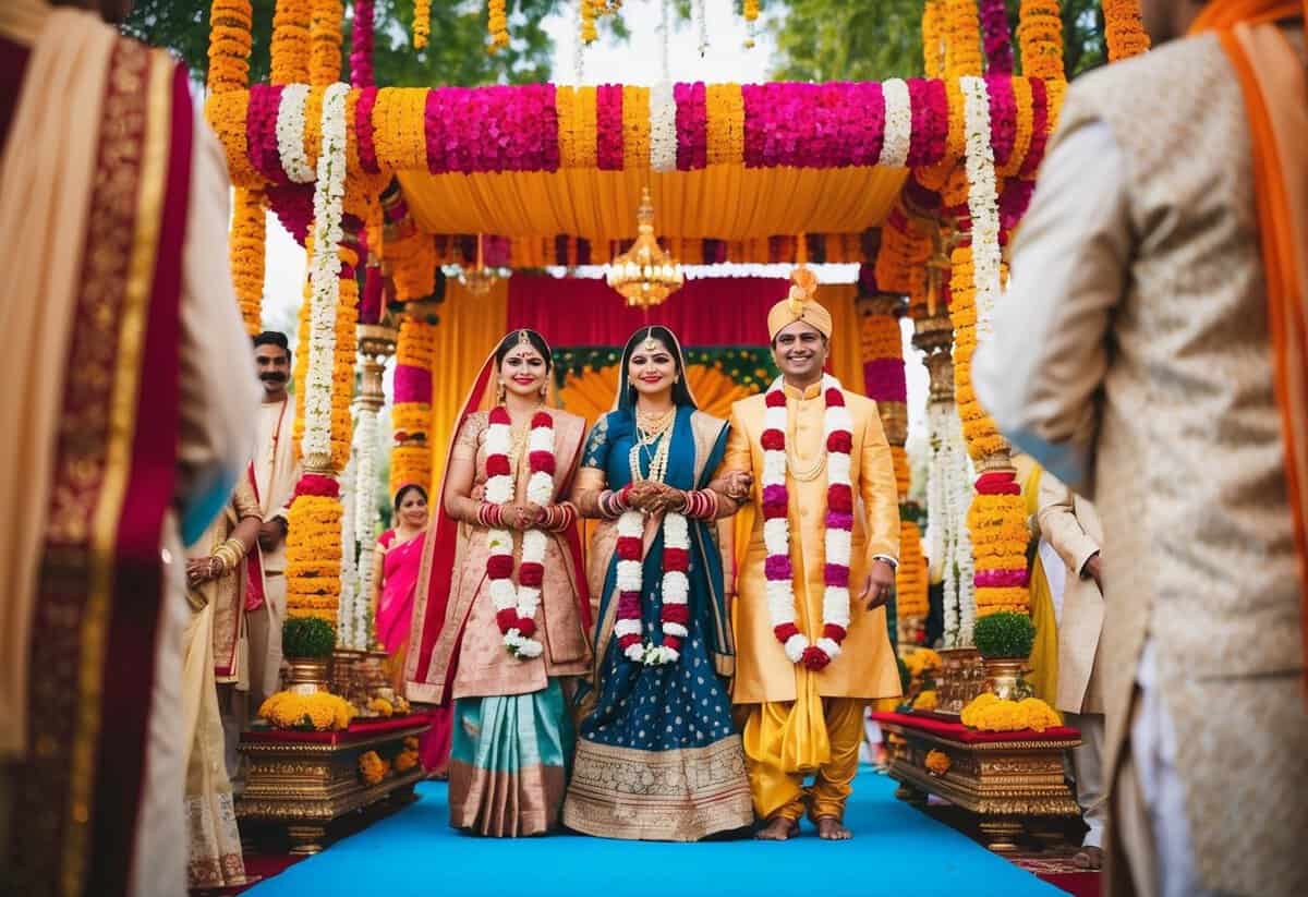A traditional Indian wedding ceremony, with vibrant colors, intricate decorations, and a lengthy series of rituals and ceremonies