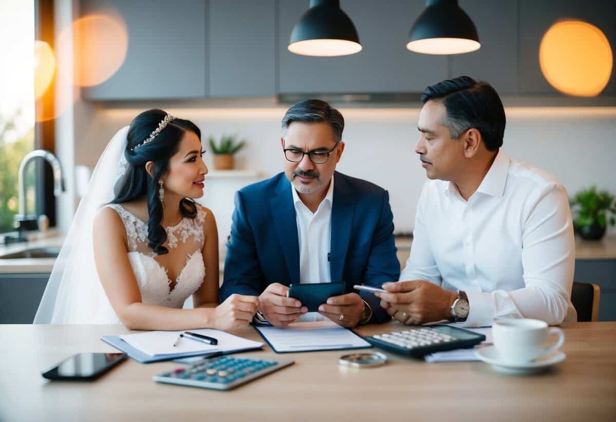 A bride's parents discussing wedding funding with modern financial tools and options
