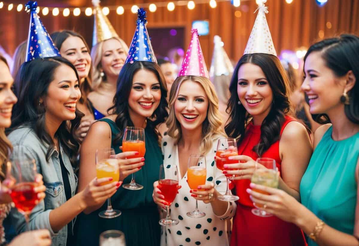 A group of women celebrating with drinks and decorations at a party venue