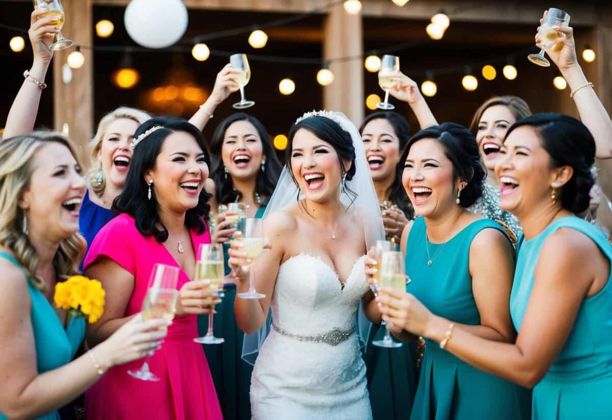 A group of women celebrating with drinks and decorations, the bride at the center, surrounded by laughter and joy