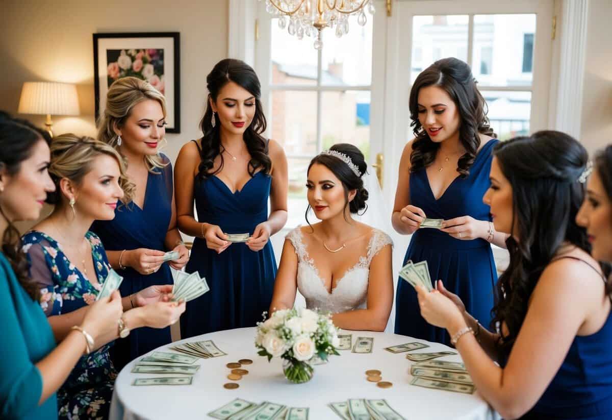 A group of women gather around a table, discussing and exchanging money, while the bride sits at the center, contemplating the etiquette of hen party financials