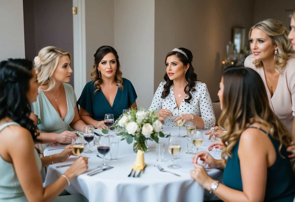 A group of women gathering around a table, discussing and planning the perfect hen do. A bride is seen contemplating whether she should pay for the event