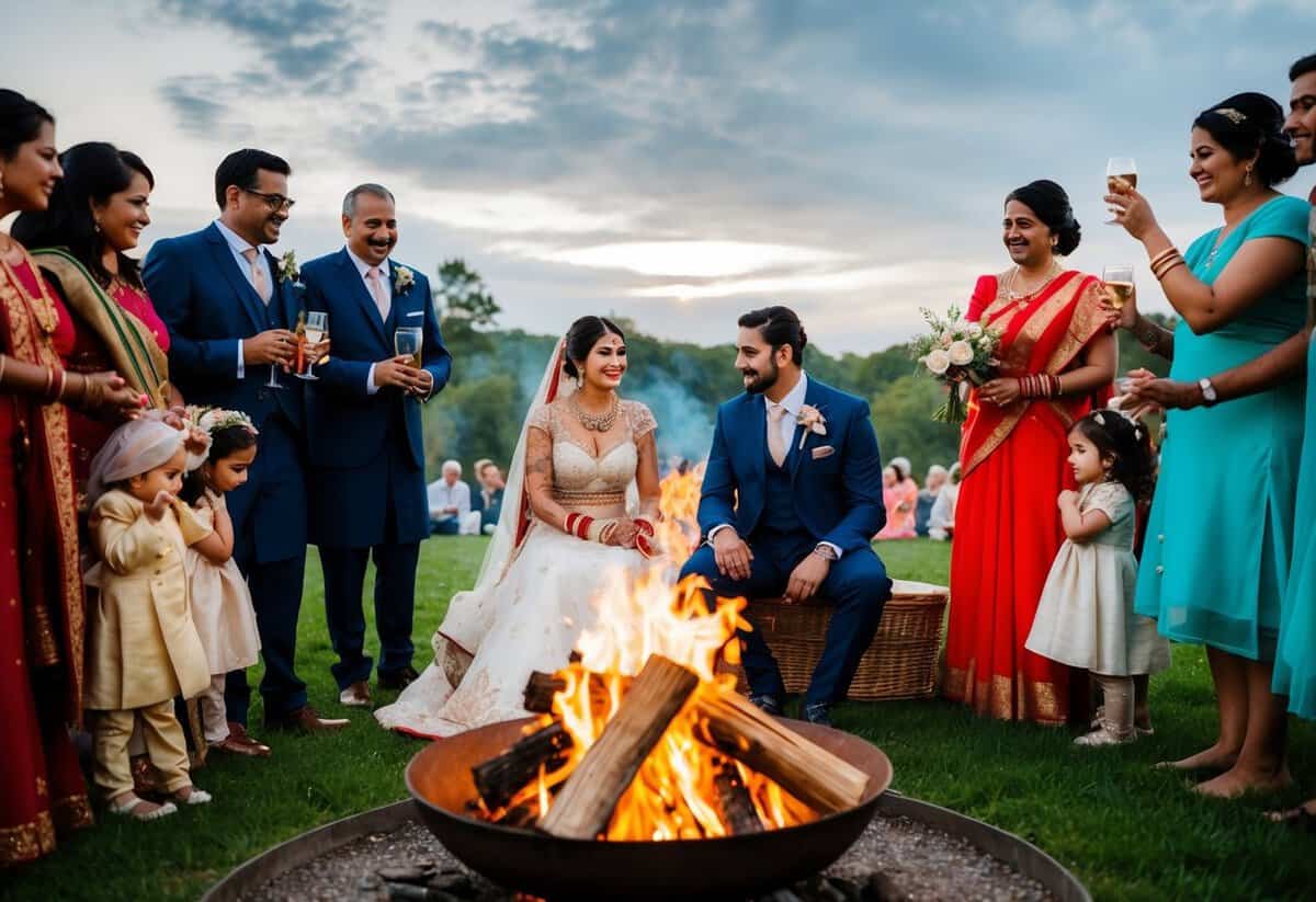 The bride and groom sit around a bonfire, surrounded by family and friends, taking part in traditional pre-wedding rituals and superstitions