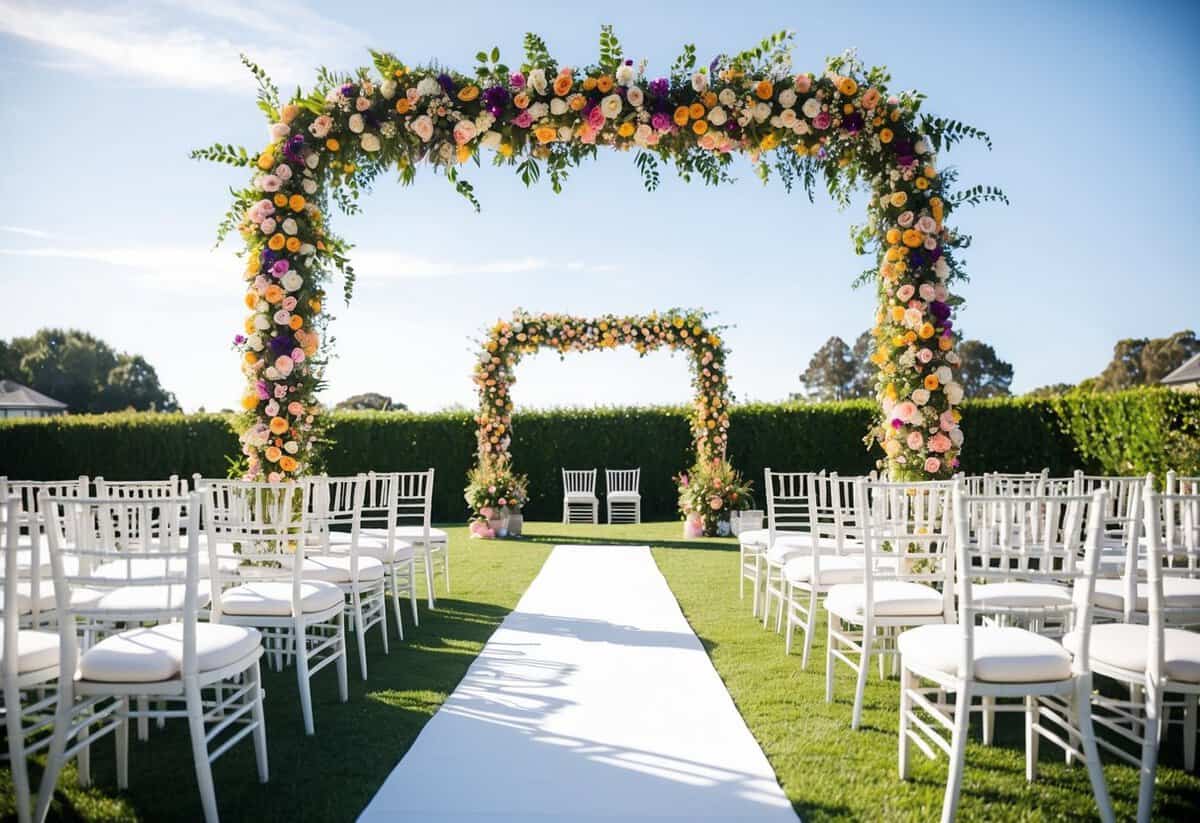 A sunny outdoor wedding venue with a vibrant floral arch and rows of white chairs set up for a ceremony