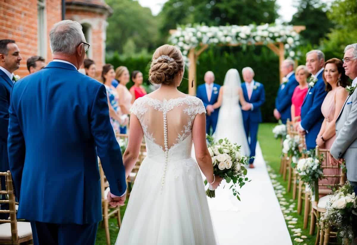 A father stands proudly as his daughter walks down the aisle, symbolizing the transition of care and responsibility to her new partner