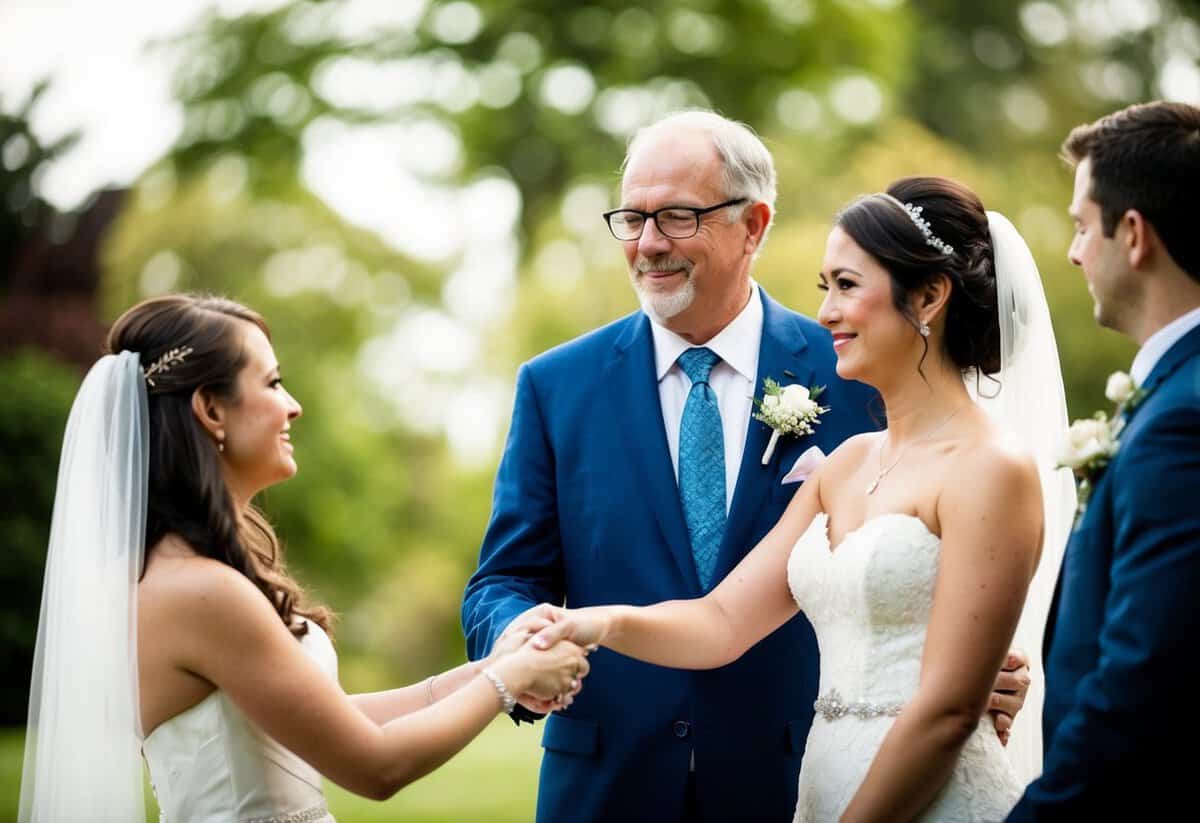 A father stands beside his daughter, symbolically passing her to her partner at a wedding ceremony