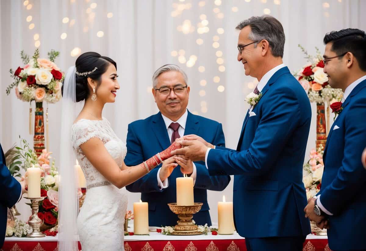 A father stands beside his daughter, symbolically passing her to her partner in a wedding ceremony. The couple is surrounded by traditional ritual components such as flowers, candles, and ceremonial objects