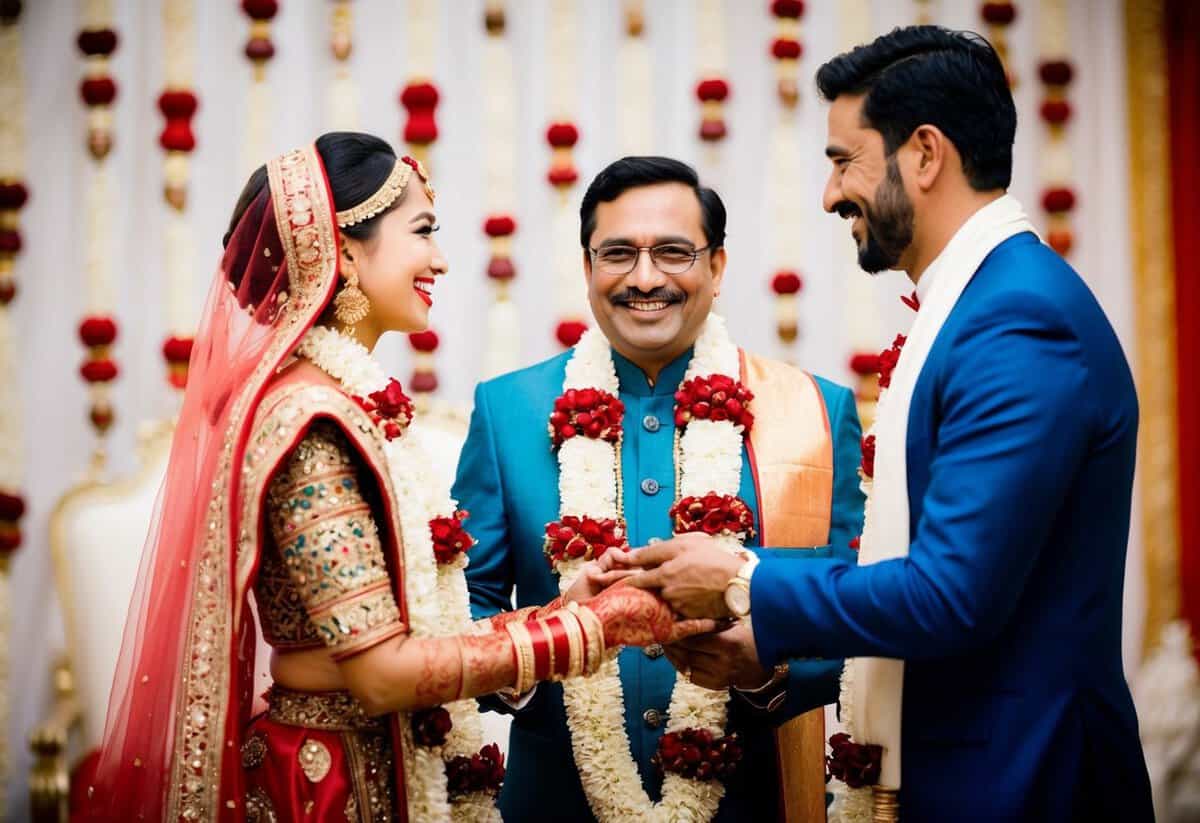 A father standing beside his daughter, presenting her to a groom with a smile, surrounded by cultural symbols and traditions