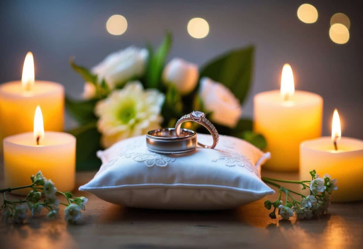 A pair of wedding rings placed on a delicate pillow, surrounded by flickering candles and fresh flowers, symbolizing the exchange of vows in marriage