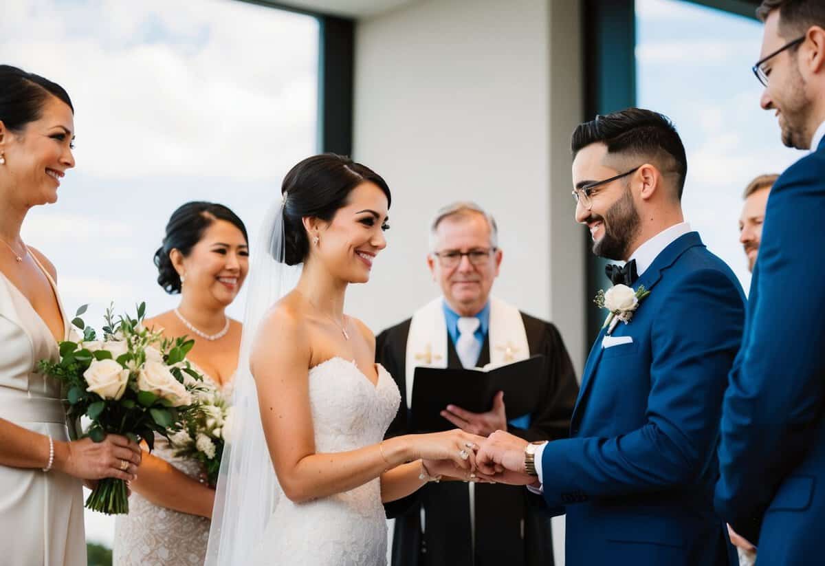 A bride and groom exchange rings in front of an officiant and witnesses, symbolizing their commitment in a modern marriage ceremony