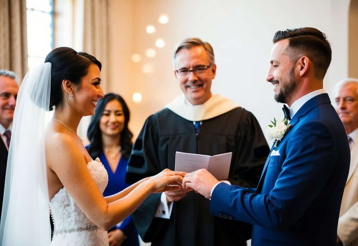 A bride and groom exchanging rings in front of an officiant and witnesses