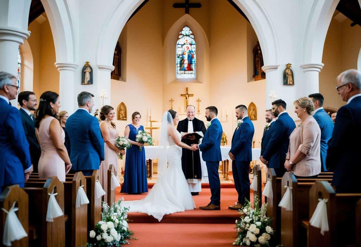 A wedding ceremony taking place in a traditional church setting, with the bride and groom exchanging vows at the altar while surrounded by family and friends