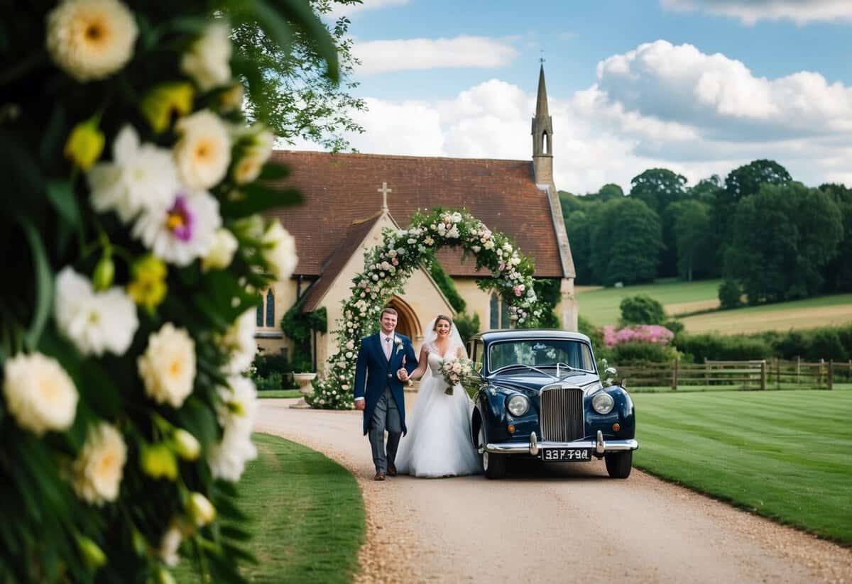 A traditional English wedding ceremony in a picturesque countryside church with a floral arch and a vintage car outside