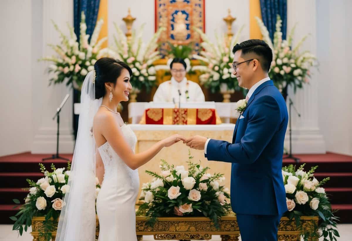 A traditional wedding includes a decorated altar, floral arrangements, and a bride and groom exchanging vows