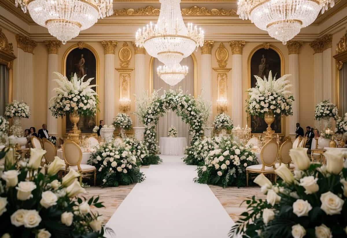 A grand, opulent wedding set in a lavish palace with gold accents, crystal chandeliers, and extravagant floral arrangements
