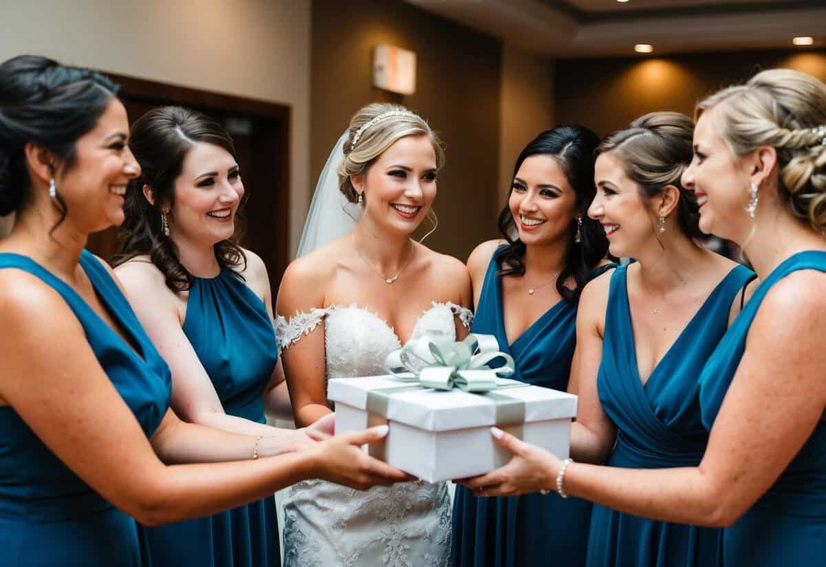Bridesmaids present a gift to the bride at the wedding reception
