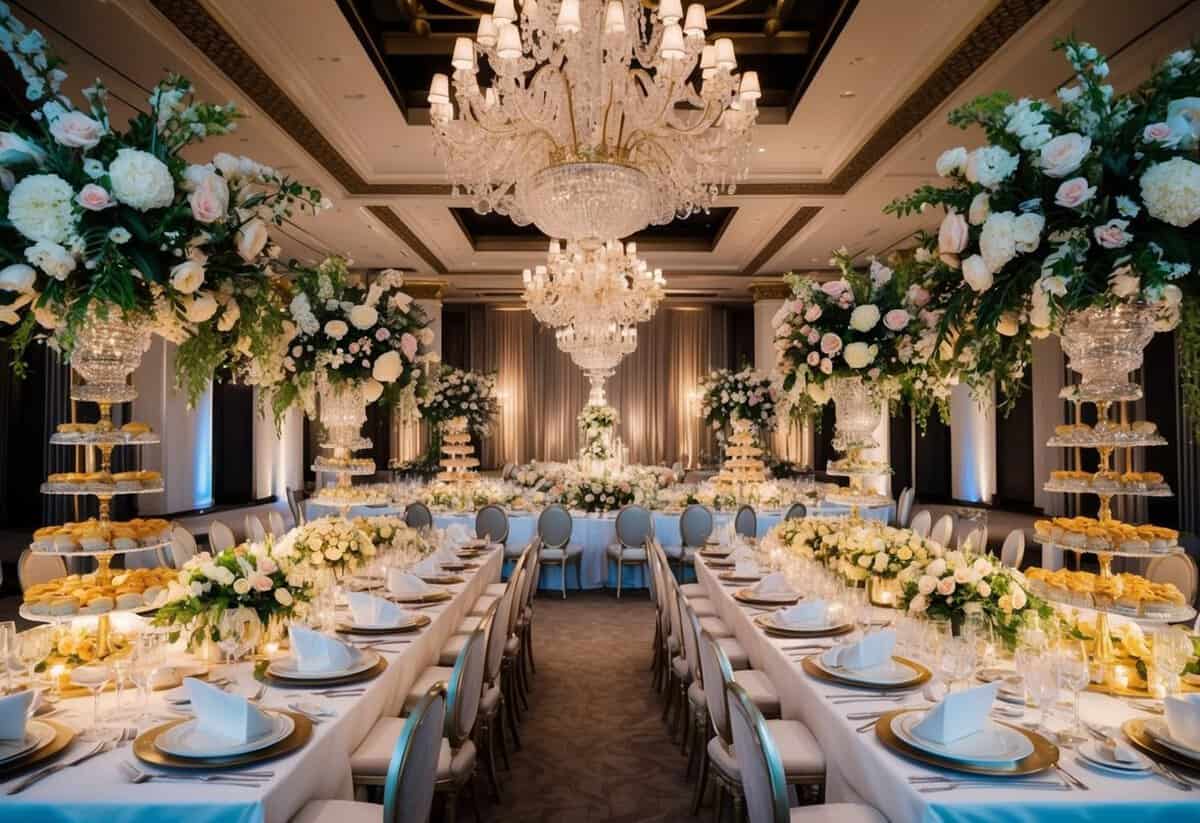 A grand, opulent wedding venue with luxurious decorations and extravagant floral arrangements. A lavish banquet table filled with gourmet dishes and champagne towers
