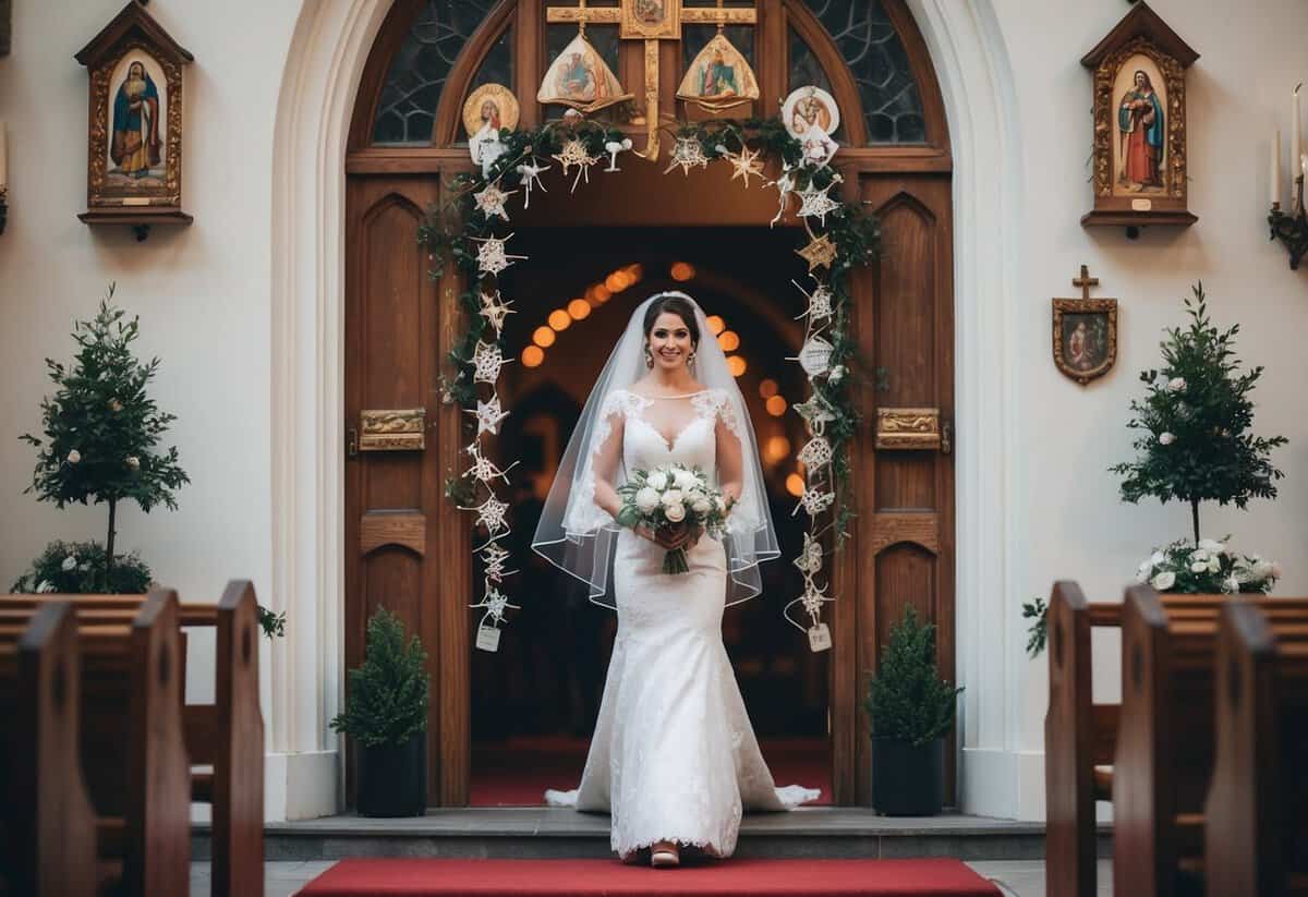 A bride stands at the entrance of a church, surrounded by symbolic decorations and rituals, causing her to be traditionally late for her wedding ceremony