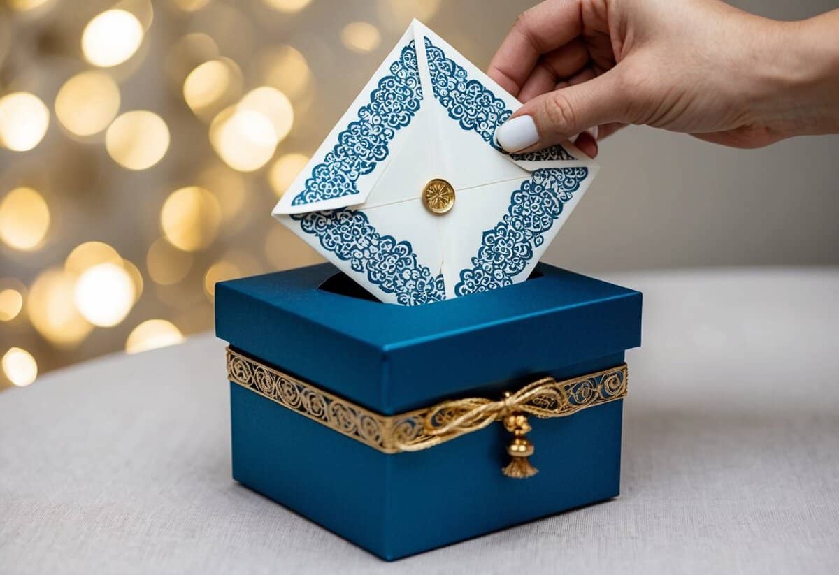 A decorative envelope being placed into a traditional wedding gift box