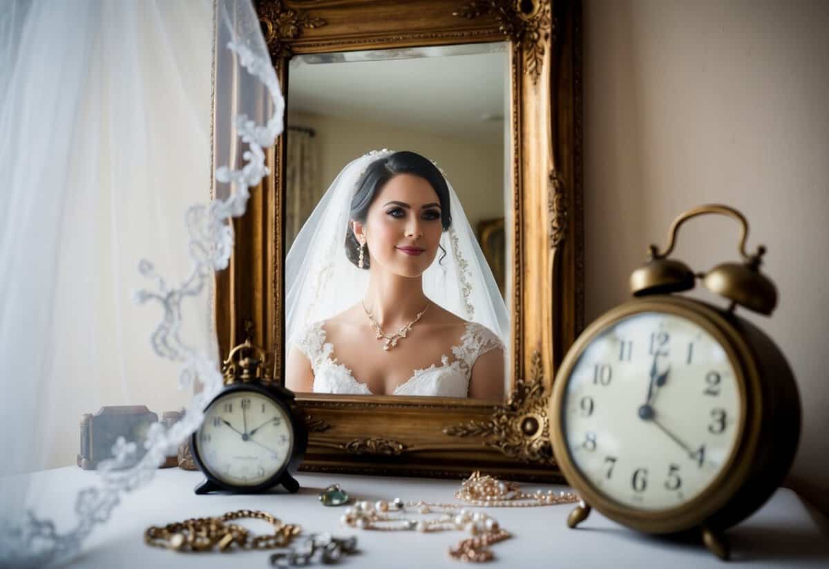 A bride's reflection in a vintage mirror, surrounded by scattered jewelry and a delicate lace veil. A vintage clock on the table shows the time, emphasizing her late arrival