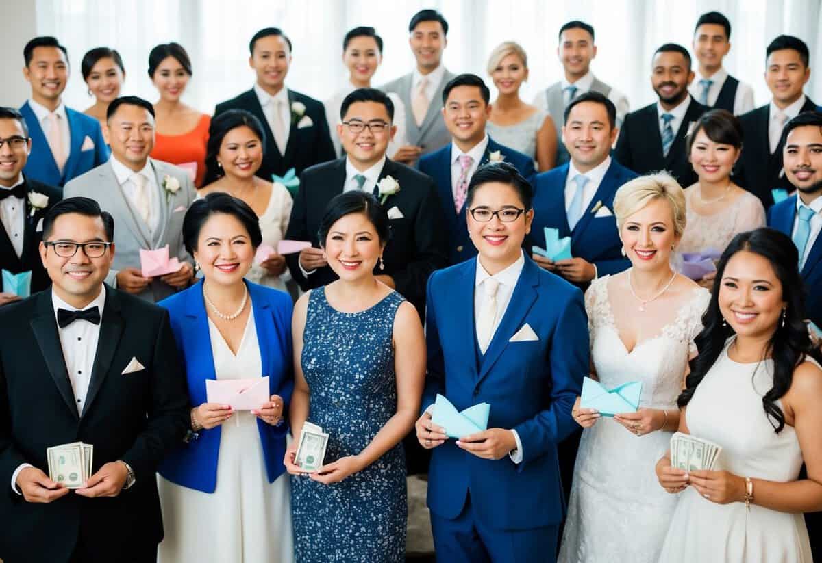 A diverse group of wedding guests from various backgrounds and cultures, each holding a different type of gift or envelope containing money
