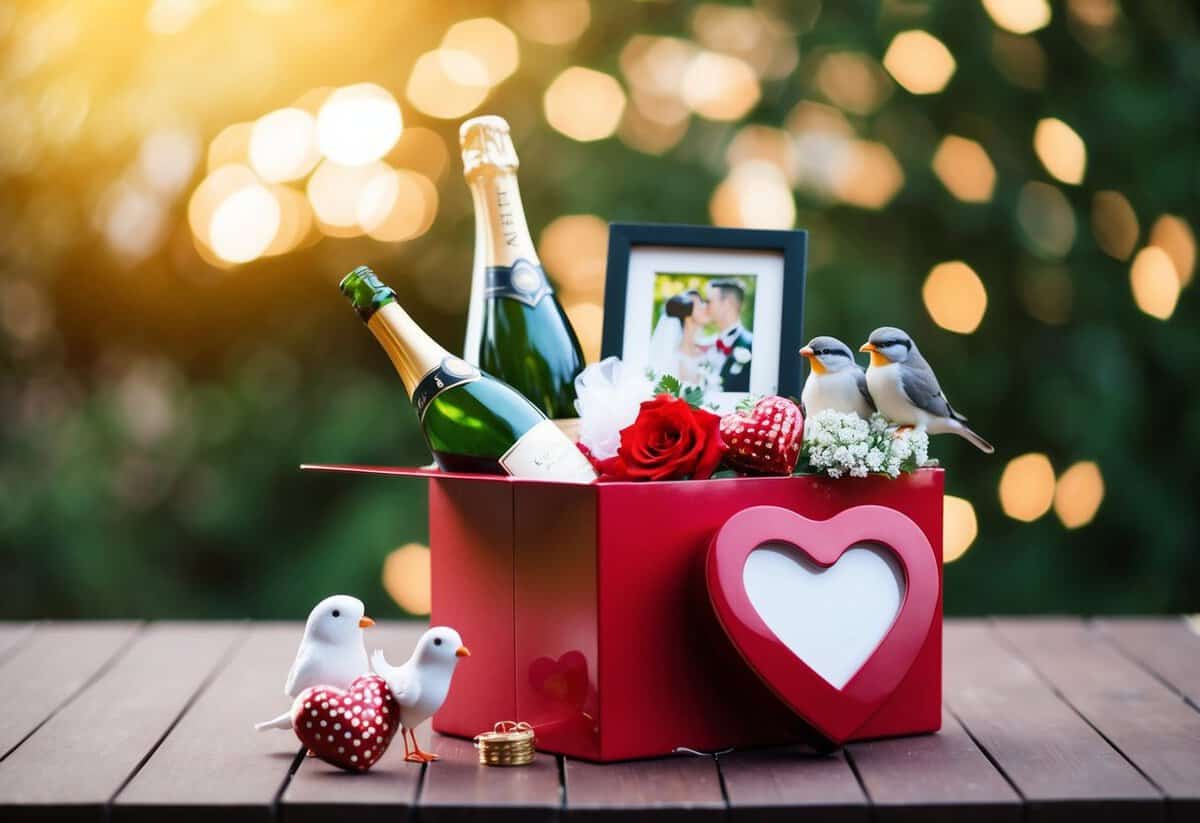 A wedding gift box overflowing with symbolic items like a bottle of champagne, a pair of lovebirds, and a heart-shaped picture frame