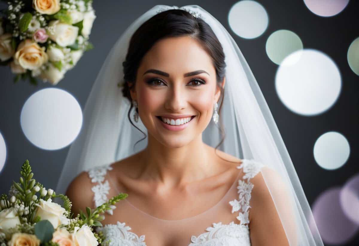 A woman surrounded by wedding symbols and imagery, such as a veil, bouquet, and wedding dress, with a radiant smile on her face