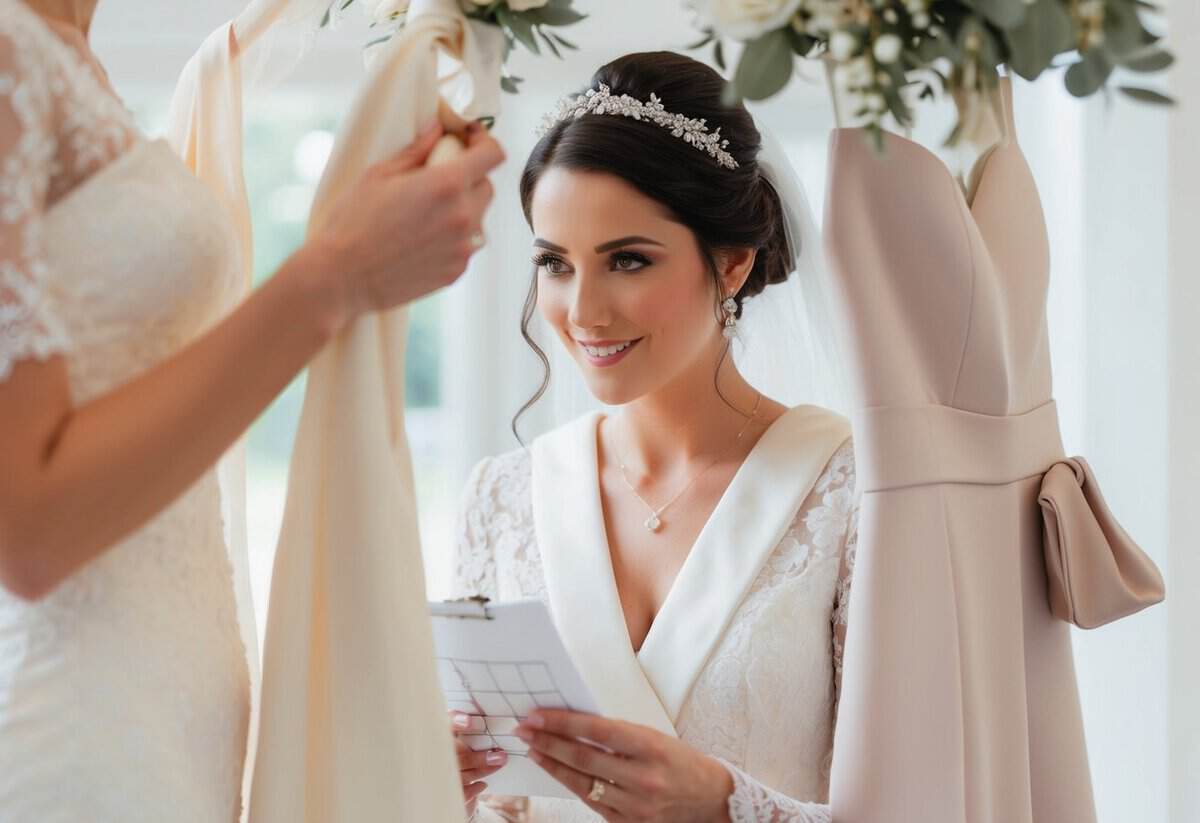 A future bride, surrounded by wedding attire, holding a checklist and gazing at a ring