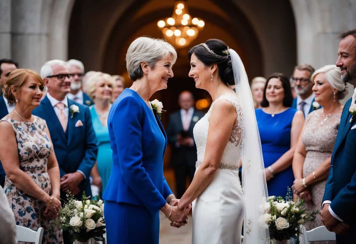 A mother and daughter stand facing each other, surrounded by family and friends, as they share a tender moment during the wedding ceremony
