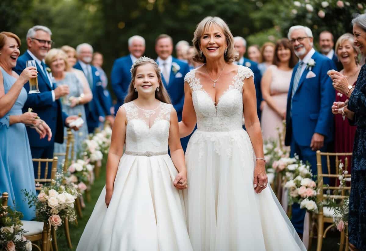 A mother stands proudly beside her daughter, who is dressed in a flowing white gown, surrounded by flowers and joyful guests