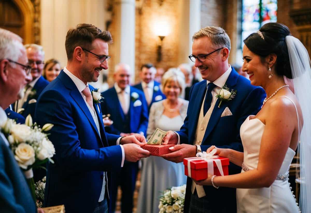 A groom and bride's families exchange money and gifts at a wedding ceremony in the UK