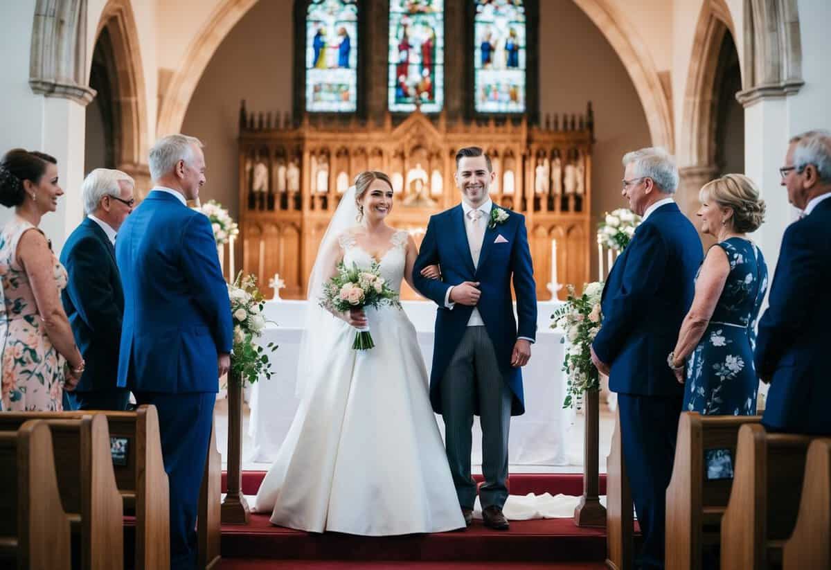 A bride and groom standing at the altar with their families on either side, symbolizing the traditional division of wedding expenses in the UK
