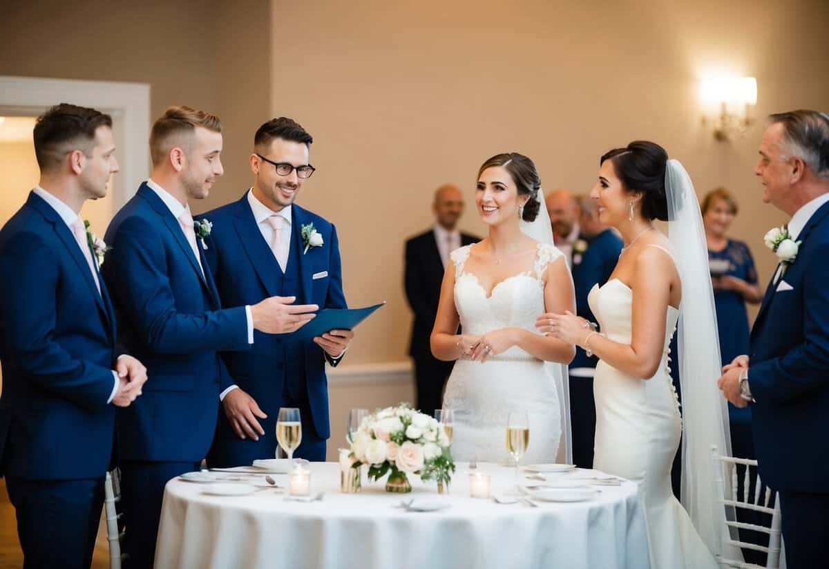 A bride and groom standing at a wedding reception table, with the groom's family on one side and the bride's family on the other, discussing who will pay for what