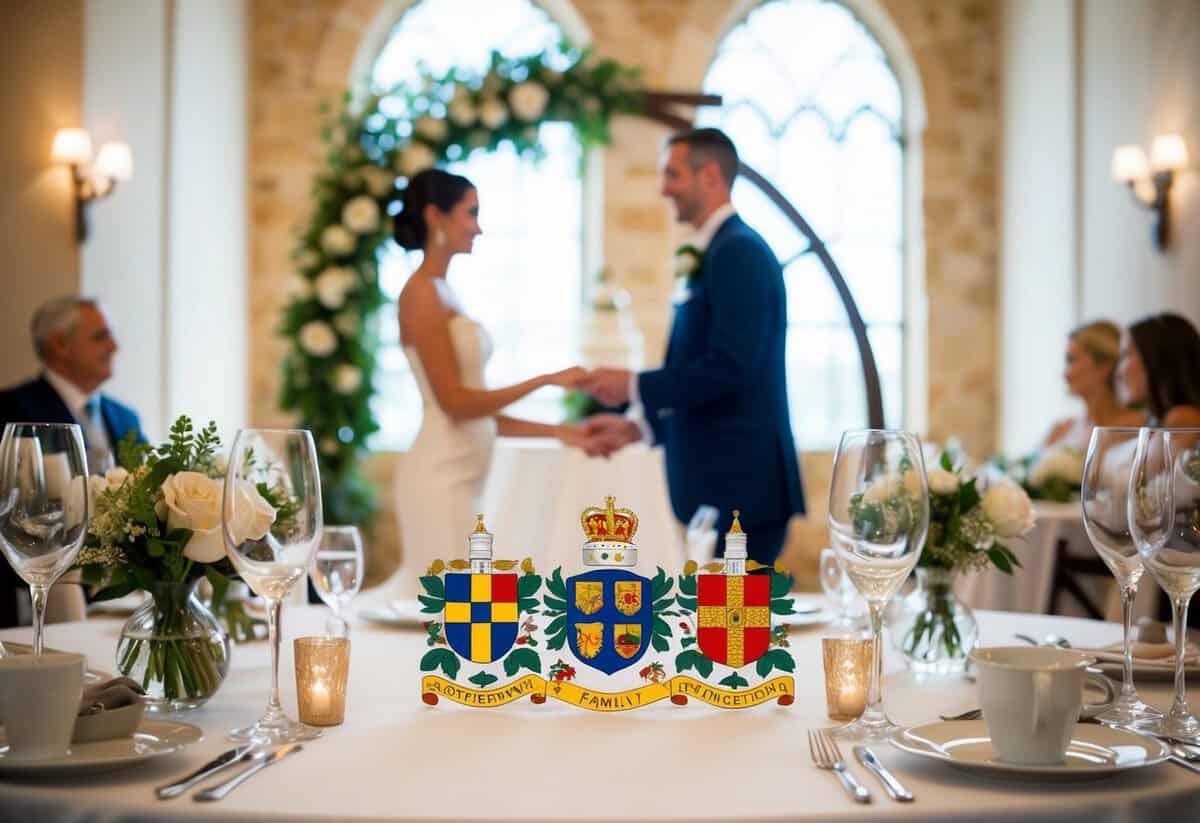 A traditional wedding scene with symbols of family, such as a family crest or coat of arms, and items related to the ceremony and reception, such as a wedding arch and table settings