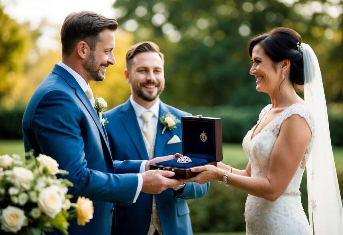 A mother presents her son with a family heirloom on his wedding day