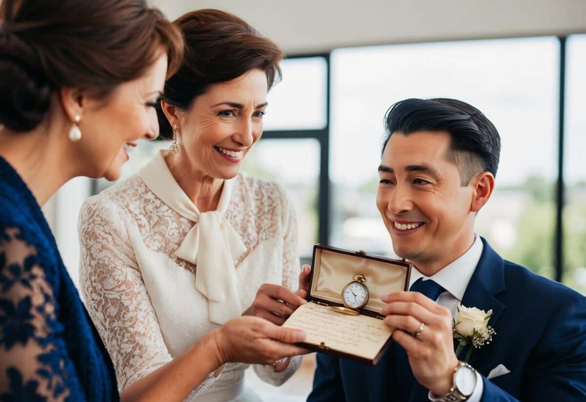 A mother presents her son with a vintage pocket watch, a handwritten letter, and a family heirloom ring on his wedding day