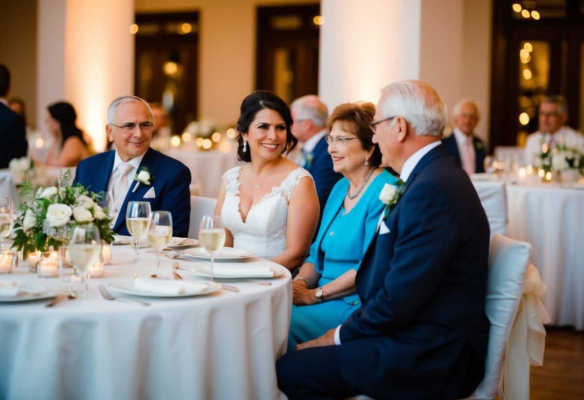 A table set for a wedding reception, with seating arrangements showing the mother of the bride sitting next to a respected elder or family member