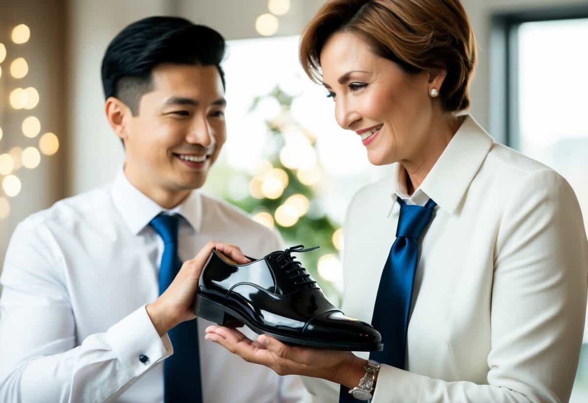 A mother presents her son with a polished shoe and a new tie for his wedding day