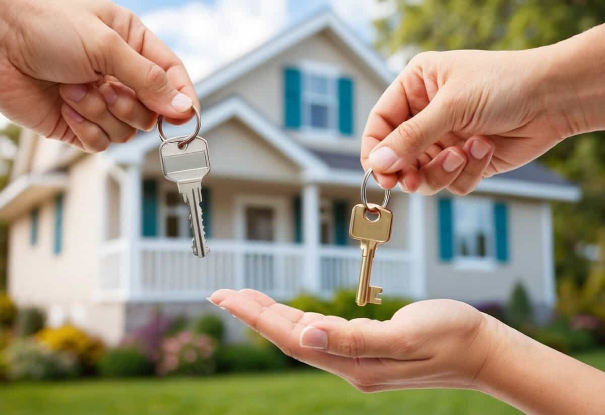 A mother hands her son a key to a family vacation home, symbolizing the continuation of family traditions and the passing of responsibility