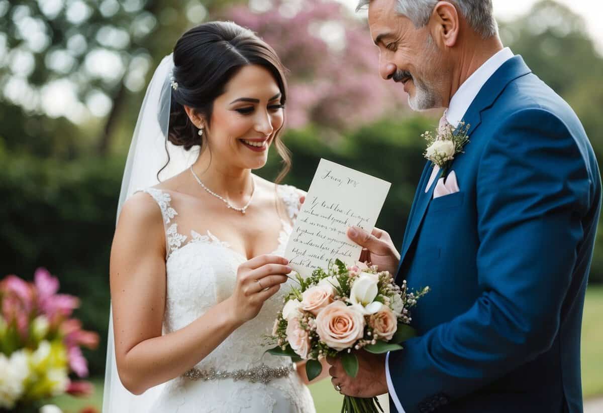 A father presents his daughter with a delicate necklace, a handwritten letter, and a bouquet of her favorite flowers on her wedding day