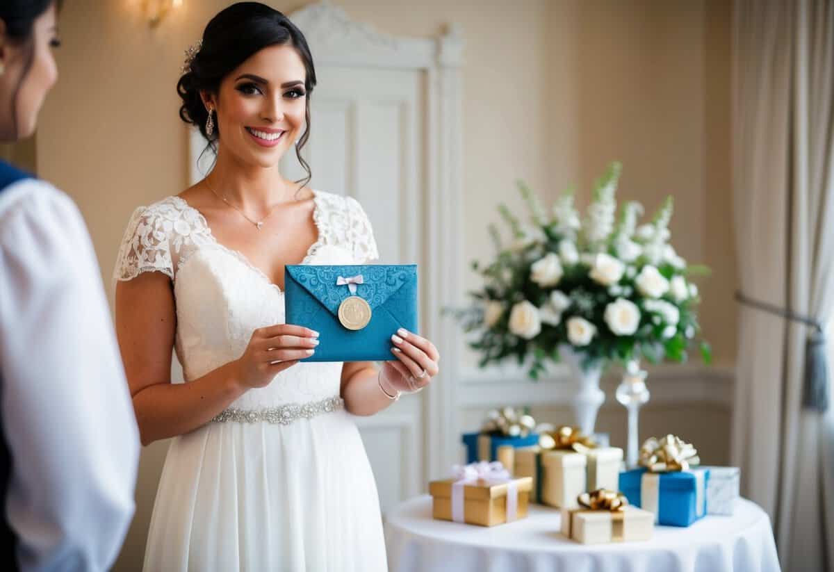 A bridesmaid holding a decorative envelope with a monetary gift inside, standing in front of a beautifully decorated wedding gift table