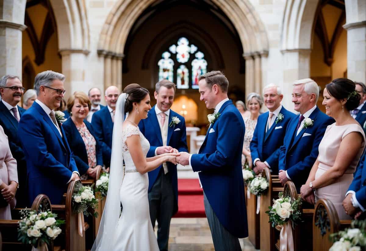 A traditional British wedding with a bride and groom exchanging vows in a historic church, surrounded by family and friends in formal attire