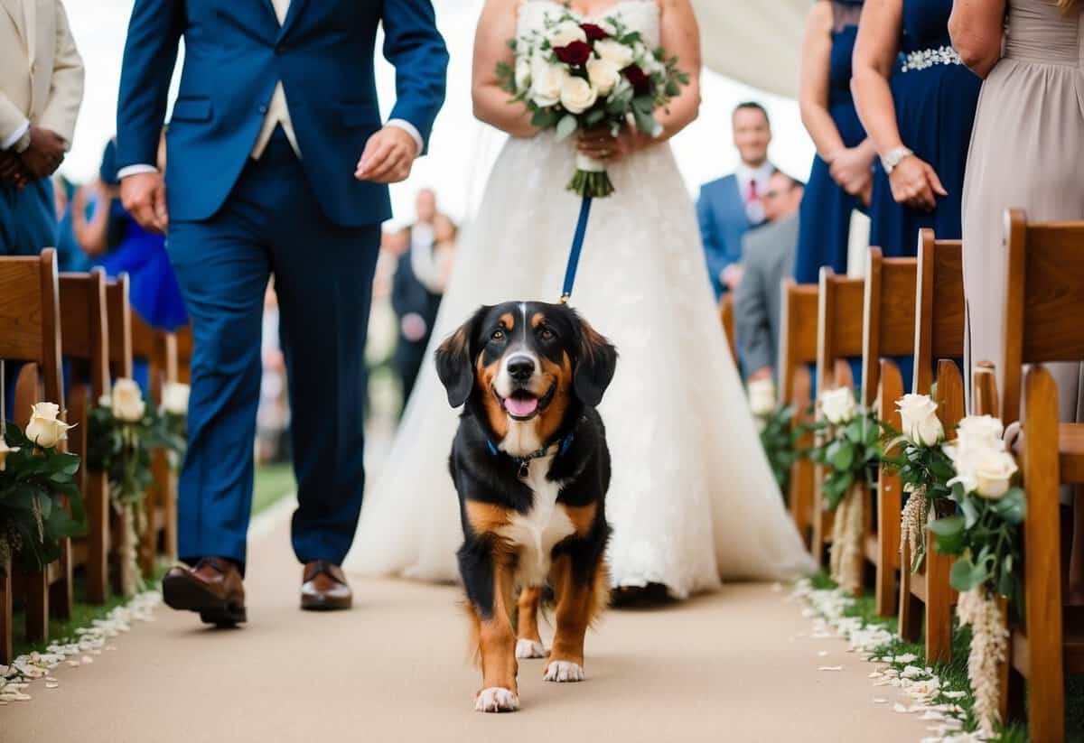 A regal dog leads the groom's mother down the aisle