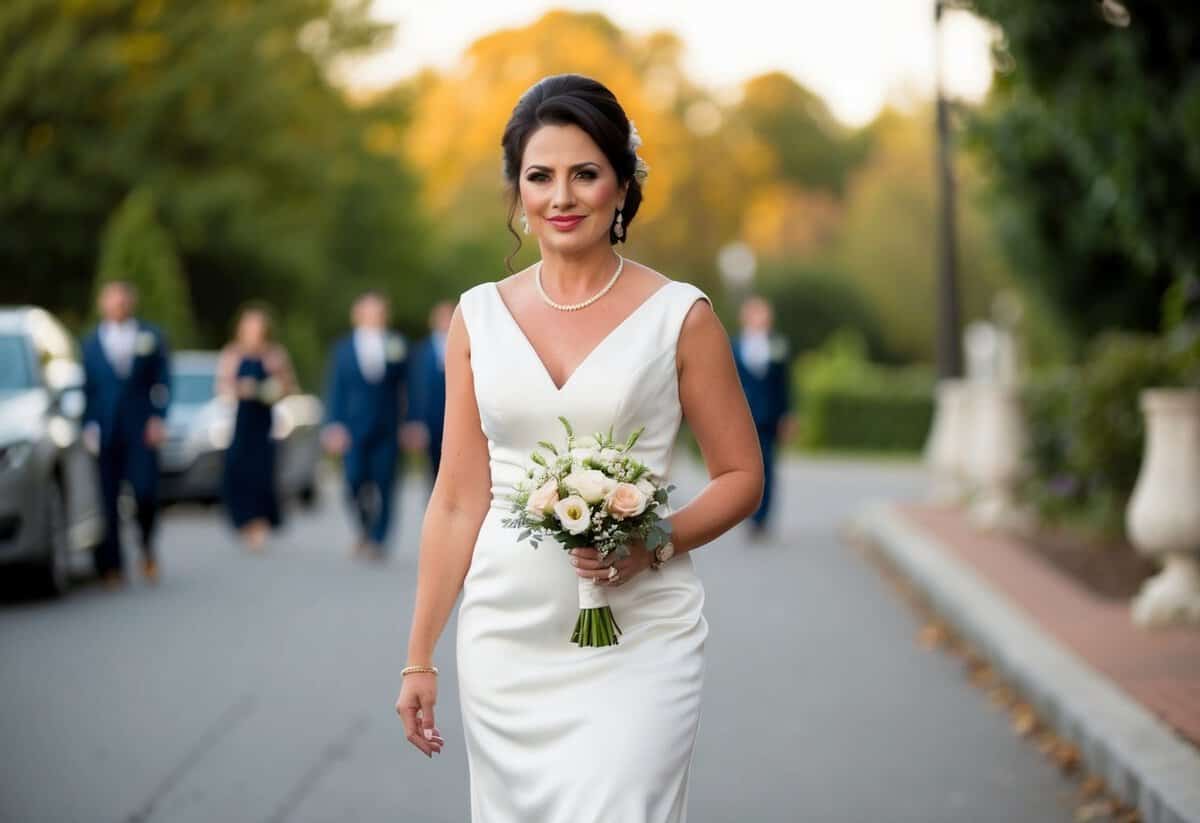 A woman in a formal dress walks with confidence and grace, carrying a small bouquet of flowers. She exudes warmth and pride as she fulfills her traditional role as the groom's mother